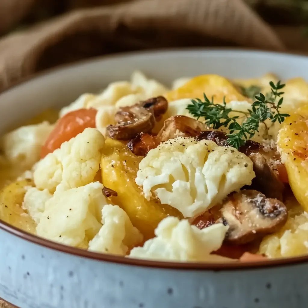 Vegetarischer Blumenkohlauflauf mit Käse überbacken